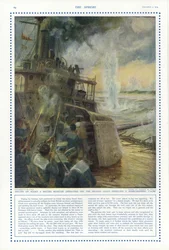 Marinai a bordo di un monitor britannico al largo della costa belga che respingono un aereo tedesco taube che sgancia bombe, Prima Guerra Mondiale